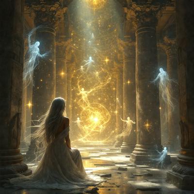 The primary subject of the image is a woman dressed in a white gown, sitting in a room with a large number of columns. The setting appears to be a temple or a similar architectural structure. The visual style of the image is digital art, as it is a computer-generated scene. The colors and mood of the image are predominantly white and serene, with the woman's gown and the columns creating a sense of elegance and tranquility.